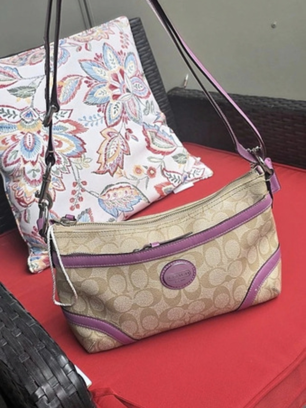 COACH Heritage Signature Jacquard Shoulder Bag ✨ Brown Purple Trim F18924